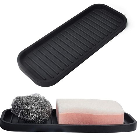 Porte-éponge en silicone, organisateur d'évier, distributeur de savon, porte-cuillère à récurer, accessoires de vaisselle (noir, lot de 2), noir (1/5)