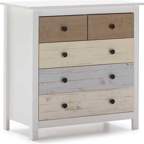 Cassettiera Magda Bianco con 5 cassetti di Diversi Colori, Realizzato in Pino Massiccio (1/8)