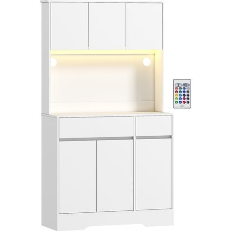 Buffet cuisine meuble haut avec éclairage LED RGB, plan de travail intégré, 6 portes, 2 tiroirs, blanc (1/5)