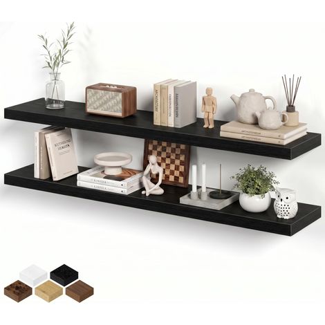 Lot de 2 étagères murales flottantes de 140 cm de long pour salle de bain, salon, chambre à coucher, étagère murale rustique avec support invisible et robuste, noir (1/5)