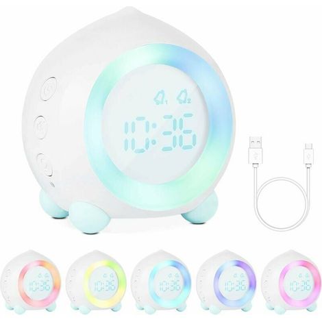 Reveil Veilleuse Enfant, Réveil Enfant Lumineux LED Fille Garcons Numerique Lampe Réveil Veilleuse Volume Réglable Snooze Réveil en USB Charge avec double alarme, éclairage d'ambiance(Blanc) (1/4)