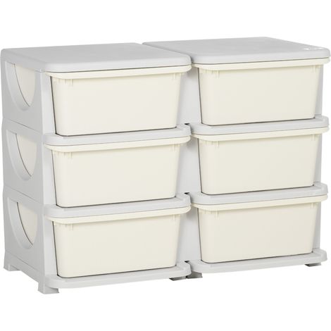 Cassettiera Portagiochi per Bambini 3-6 Anni 75x37x56.5 cm 6 Cassetti con Bordi Arrotondati in PP Bianco Crema