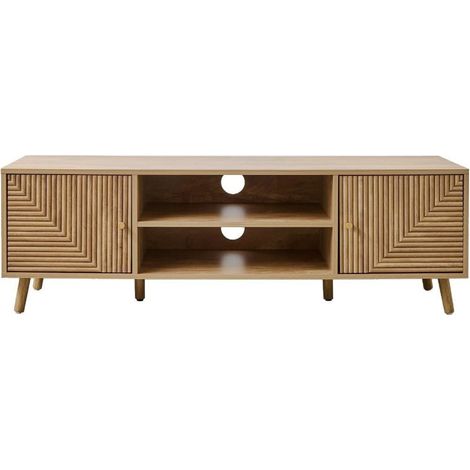 Calicosy – Meuble TV moderne 2 portes – Façades lamellées – Longueur 140 cm – Profondeur 40 cm – Hauteur 45 cm – Rangement avec niche centrale