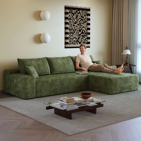 Sofá modular de 3 plazas de pana con chaise longue derecha, sin montaje, verde