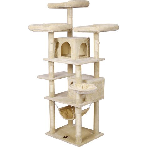 Árbol rascador beige 172 cm diseñado con huella de gato postes, hamacas, cuevas y bolas de juego (1/5)