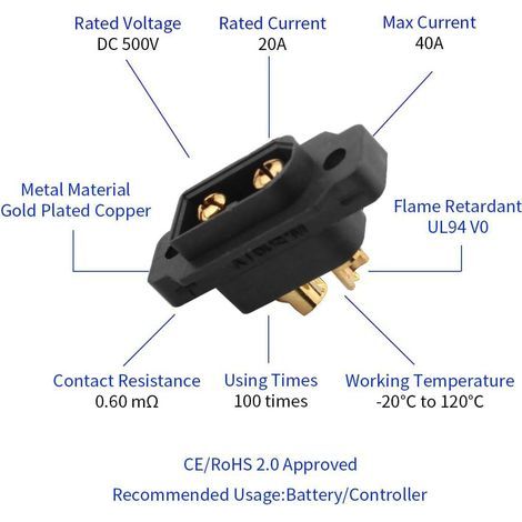 10 coppie di connettori a filo impermeabili XT60E-M per batterie LiPo, compatibili con tutti i connettori femmina XT-60 a 2 pin, neri (1/5)