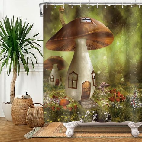 122x183cm Magie Champignon Maison Rideau de Douche Fée Forêt Fantaisie Vert Gazon Rideau de Bain Coloré Printemps Fleurs Rideau Baignoire Polyester pour Enfant Salle de Bain avec Crochets (1/4)