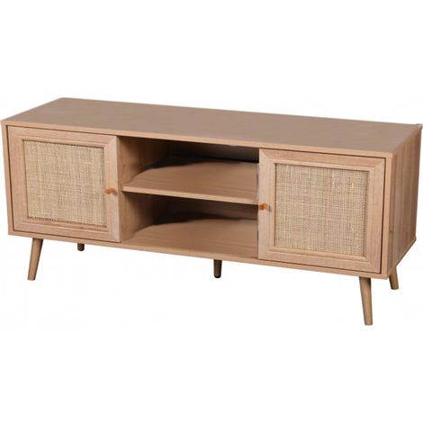 Meuble TV BALI sur pieds 2 portes 1 étagère - Cannage rotin -Effet bois clair - 120 x 39 x H 56.5 cm - Livraison gratuite (1/10)