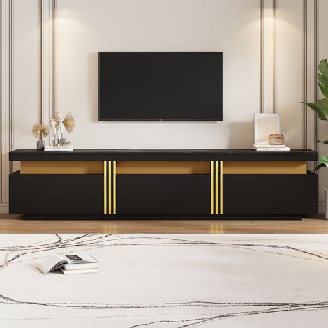 Meuble TV 200x40x42 cm, bas effet marbre, Support de télévision grand salon avec 3 tiroirs et 1 passe-câbles pour téléviseur jusqu'à 90 pouces, Noir (1/5)