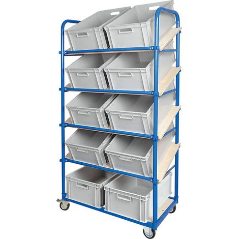 BRB Schrägboden-Regalwagen mit 5 Ebenen, bestückt mit 10 Euroboxen 600x400x220 mm grau (1/3)