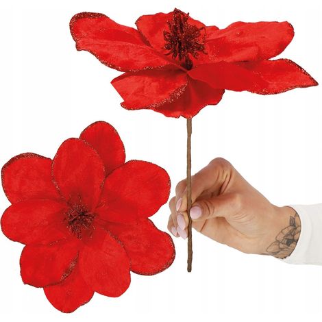 MAGNOLIE KOPF KÜNSTLICHE BLUME ZWEIG PRODUKT 31CM ROT GLITTER VASE