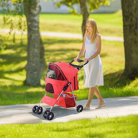 Chariot chien auvent réglable panier rangement roues frein tissu Oxford 77x45x99,5cm, rouge