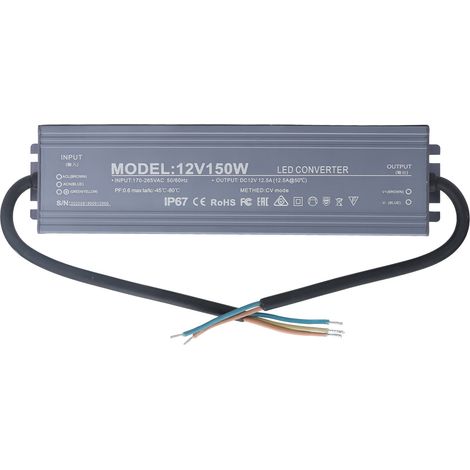 Alimentation LED étanche IP67 150W 12V 12.5A pour bande LED, transformateur 170-265V AC/DC (1/5)