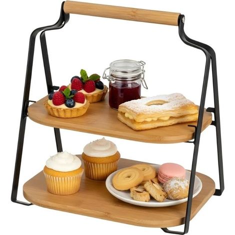 Plateau de service - JUANIO - À 2 niveaux - Cadre fer thermolaqué noir pliable - Plateaux bambou amovibles - 26x20x28 cm (1/4)