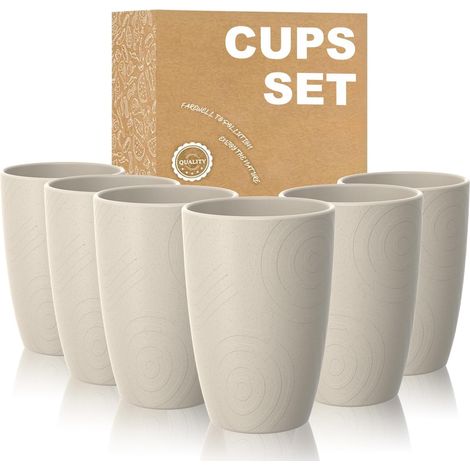 Lot de 6 gobelets en plastique réutilisables - 450 ml - Verres en plastique incassables avec motif - Passent au micro-ondes - Pour l'intérieur et l'extérieur - Beige (1/5)