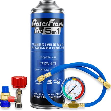 Pack gas refrigerante 1 botella Ralerfresh RC R134 5en1 500ml con manómetro RF32, manguera y conector