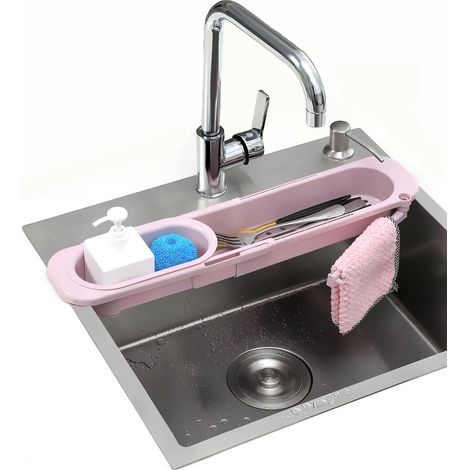 Étagère de rangement pour évier de cuisine avec support télescopique extensible et porte-éponge (rose) (1/5)
