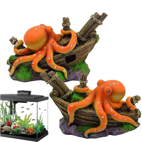 Ensemble de 2 décorations d'aquarium – Poulpe orange sur épave, cachette naturelle et attrape-œil pour tout aquarium (1/5)