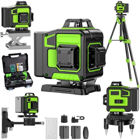 Niveau Laser Chantier Autonivelant 360° x 4, Lazer Niveaux 4D 16 Lignes Laser, Mode Impulsion ExtéRieur, 2 x Batterie, Nivellement Automatique, Support Rotatif, Télécommande(Avec trépied)