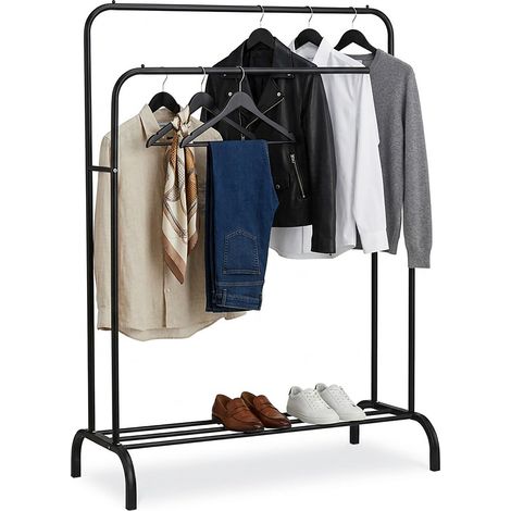 Relaxdays Kleiderständer, H x B x T: 146 x 110 x 56 cm, mit Ablage & 2 Kleiderstangen, Doppelgarderobe, Metall, schwarz