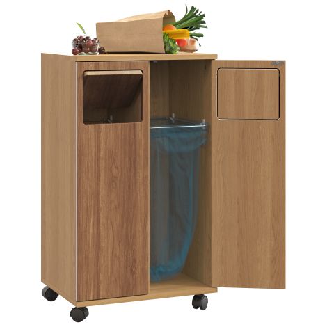Meuble de tri des déchets — Conception à double compartiment avec finition imitation chêne et roulettes — Organiseur de recyclage à double porte (sur roulettes) — Un choix idéal pour la cuisine ou la (1/4)