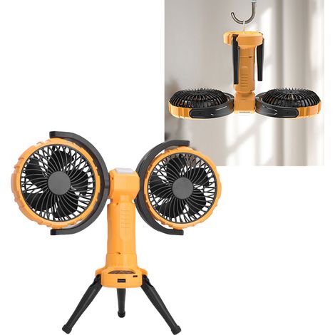 Ventilador portátil de doble brazo, recargable por USB, color naranja/rojo con iluminación LED, batería de 8000 mAh (24 horas de autonomía), ideal para acampar, pescar y usar en la oficina. Dimensione (1/5)