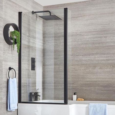Milano Nero - 800mm L-Shaped Square Bath Shower Screen - Black (1/3)