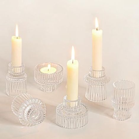 Juego de 6 candelabros de cristal, portavelas multifuncional con diseño a rayas. (1/5)