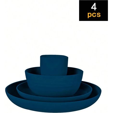 (Bleu foncé 4 pièces) Ensemble de couverts en plastique, comprenant assiettes, bols et tasses. (1/5)