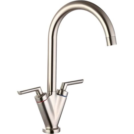 Balterley Contemporary Pull Out Dual Lever Kitchen Mixer Tap with Rounded Swivel Spout & Brushed Nickel Finish