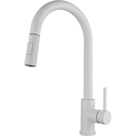Grifo de cocina blanco de acero inoxidable con arco alto, extraíble y giratorio de 360°, monomando para fregadero con 2 modos, extraíble.