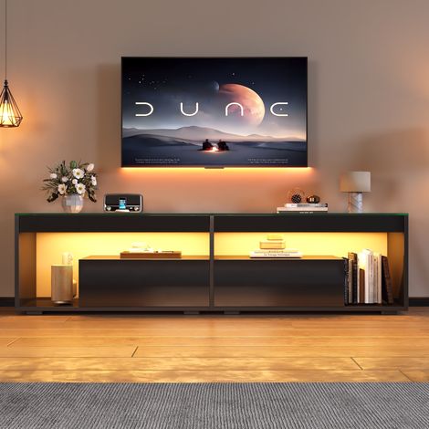 Meuble TV 180/40/46 cm noir avec LED, 2 tiroirs et étagères en verre trempé (1/5)