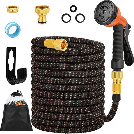 30m Expandable Garden Hose with 8 Spray Models Fits 1/2" and 3/4" Taps Durable Metal Fittings for Garden Cleaning, Car Washing, Watering (Orange) (1/5)