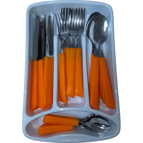 Servizio di Posate completo 24 Pezzi per tavola di 6 persone manico arancio in Acciaio Inossidabile Lavabili in Lavastoviglie Made in Italy in omaggio il Porta Posate da Cassetto
