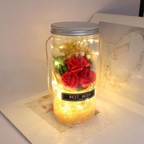 Bouteille lumineuse rose éternelle romantique, fleur préservée ne se fane jamais, veilleuse décorative en verre avec savon parfumé, idéale pour souhaits et cadeaux. (1/5)