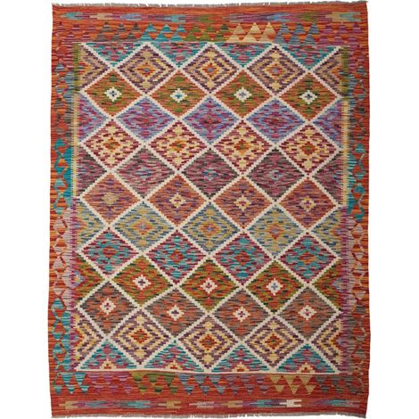 Tapis d'orient, 146 x 186 cm, géométrique, multicolore, bleu et rouge, en laine naturelle, tissé plat chaleureux (1/5)