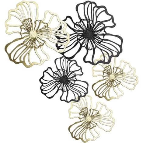 FUTUREORYY Lot de 5 Décorations Murales en Métal Noir et Or Double Couche Creuse Panneau Mural Artisanal pour Salon et Bureau Décoration Murale Suspendue Fleur Métallique Élégante (1/5)