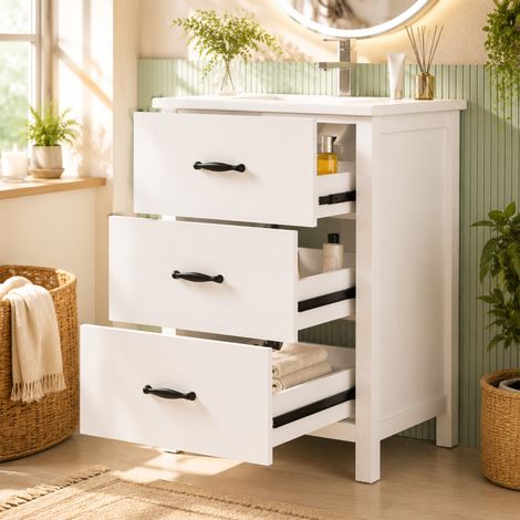 BATDTECH - Mueble de Baño con Lavabo de Cerámica 61cm, Mueble Lavabo Suelo Blanco con 3 Cajones, Armario de Baño Moderno con Cierre Suave para Espacio Reducido
