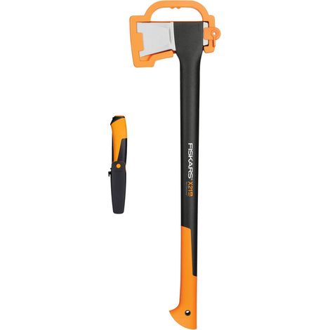 Fiskars Set Ascia e Coltello, Ascia da Spacco con Fodero per Lama e Trasporto, Lama in Acciaio/Plastica, X21–L, Coltello Universale con Custodia e Affilacoltelli Incorporato, Nero/Arancione, 1025436 (1/5)