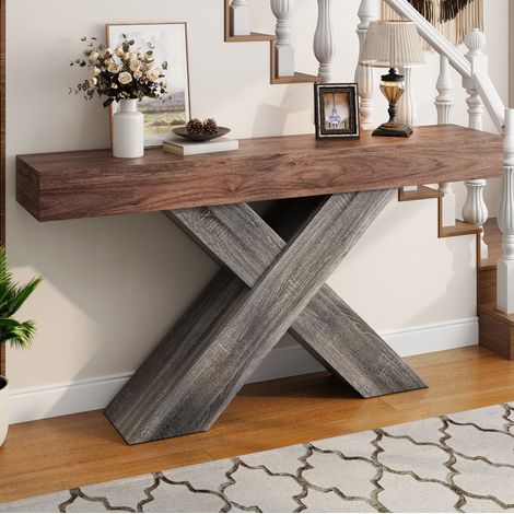 Consola estrecha con patas en X, tablero efecto madera nogal, aglomerado, 140 x 30 x 80 cm (1/5)