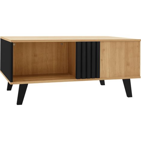 ELVMI Tavolino da salotto con 1 vano e 2 scomparti, in vetro e pannello di particelle, 100 × 60 × 45 cm, naturale (1/5)