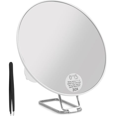 Miroir Grossissant 30X, 6 Pouces avec Grossissemen, 3 Ventouses et Support Réglable à 360° pour Montage à la Main sur Table et au Mur Miroir de Voyage Compact avec Pince à épiler (1/5)