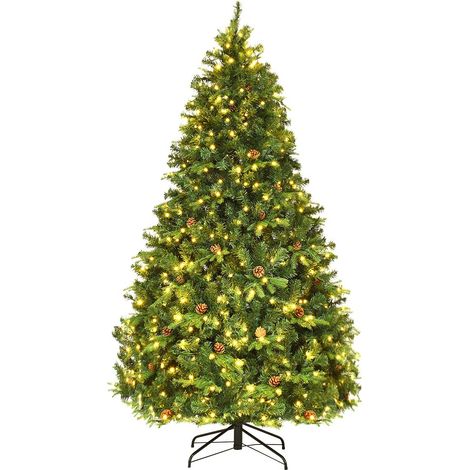 Costway Sapin de Noël Artificiel 240cm Arbre de Noël 81 pommes de pin, Lumières LED, Pied en Métal 60cm, en PVC et PE, Vert (1/5)