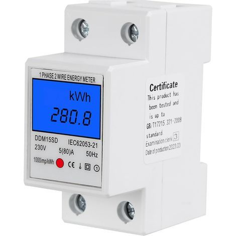 Electricity Meter, Single Phase 5-80A, Backlit LCD Display, 35mm DIN Rail, kWh Measurement (1/5)