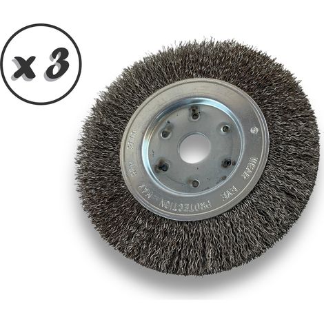 Lot de 3 brosses circulaires INOX Ø 150 mm Epaisseur 1 rang Fil dur 0.30 mm ondulé Alésage 20 mm + réducteur bague 16/12 mm Touret meuleuse affûteuse ponceuse Kibros 215151ITx3
