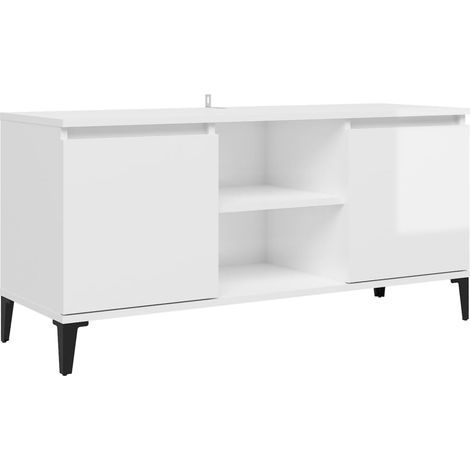 INLIFE Meuble TV avec pieds en métal Blanc brillant 103,5x35x50 cm (1/5)