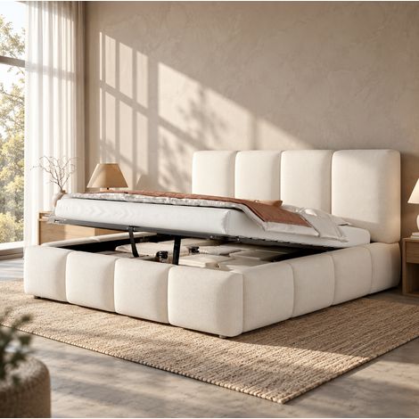 Cama arcón 160x200 cm bouclé blanco, almacenaje elevable, sin colchón – MEUBLIV (1/5)