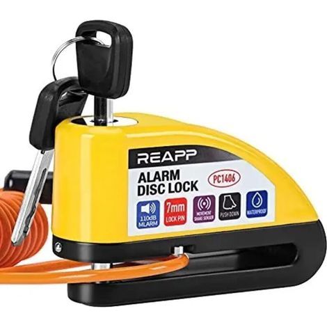 Antivol de disque de moto avec alarme, 110 dB, câble de rappel et pochette de transport, antivol de disque haute sécurité pour moto, cyclomoteur, Vespa. (1/4)