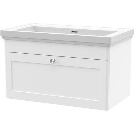 Nuie Classique Satin White 800mm Wall Hung Single Drawer Vanity Unit and 66mm Profile Basin - CLC196H (1/2)