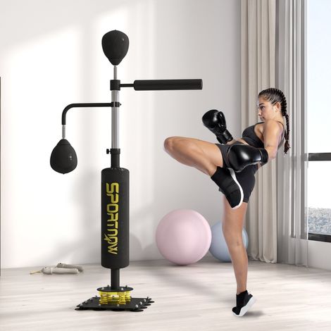 Tribune de boxe,deux speedballs,barre de boxe pivotante,coussin de pied,réglable en hauteur,acier,107 x 36 x 140-205 cm,noir (1/5)